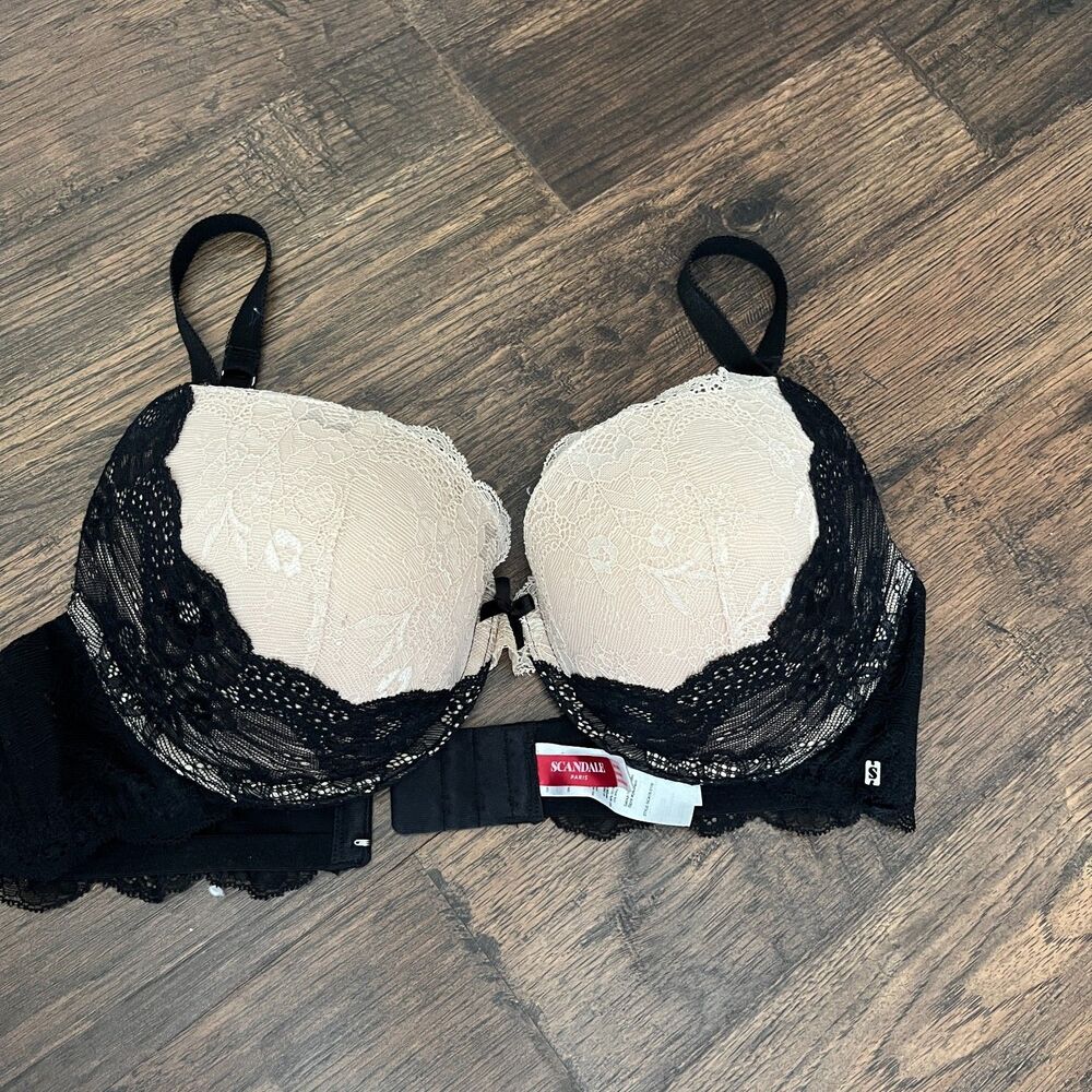 Scandale Paris Bra 36D Demi Push Up Underwire Boost Padding Nude Black Lace